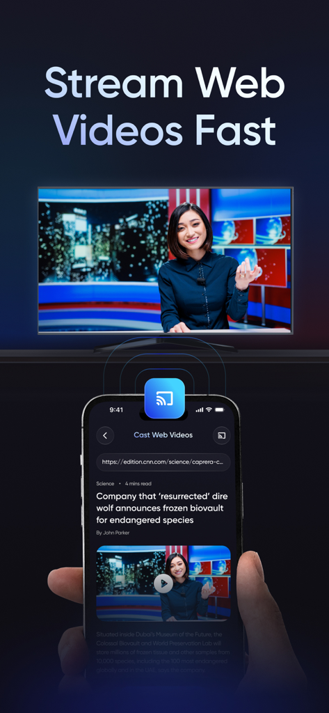 Screen Mirroring | TV Cast - Una mano sosteniendo un iPhone transmitiendo un video web de un presentador de noticias a una pantalla de televisión usando la aplicación Screen Mirroring.
