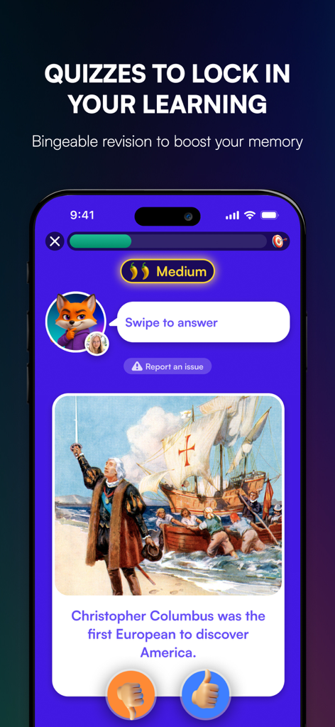 Interactive mobile history quiz on the Revyze app showing a true or false question about Christopher Columbus with swipe mechanics