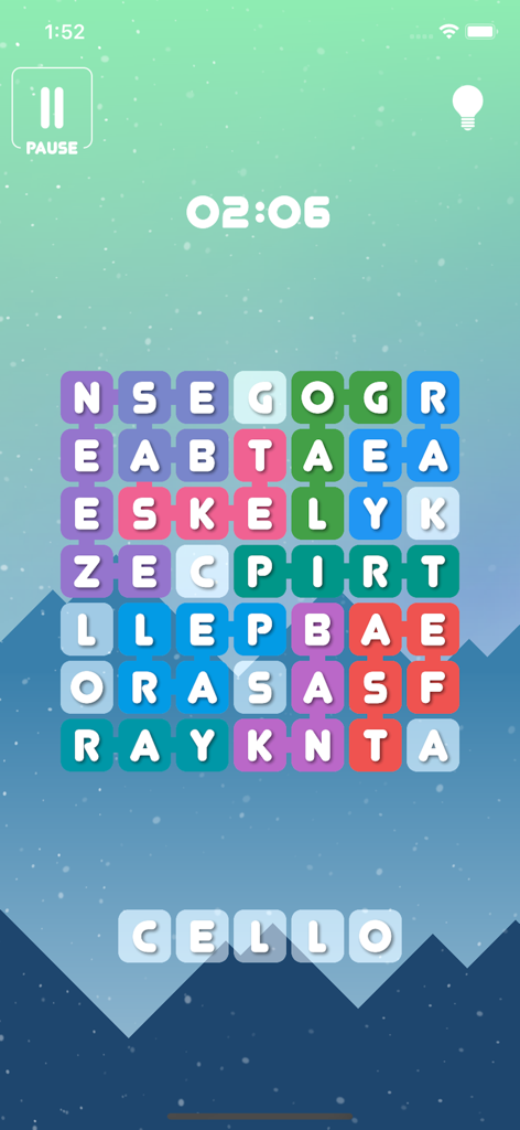 Captura de tela do jogo Symbol Series mostrando um caça-palavras com blocos coloridos e um fundo sereno de montanha.