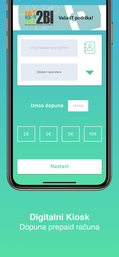 Digitalni Kiosk mobile app interface for topping up prepaid phone accounts