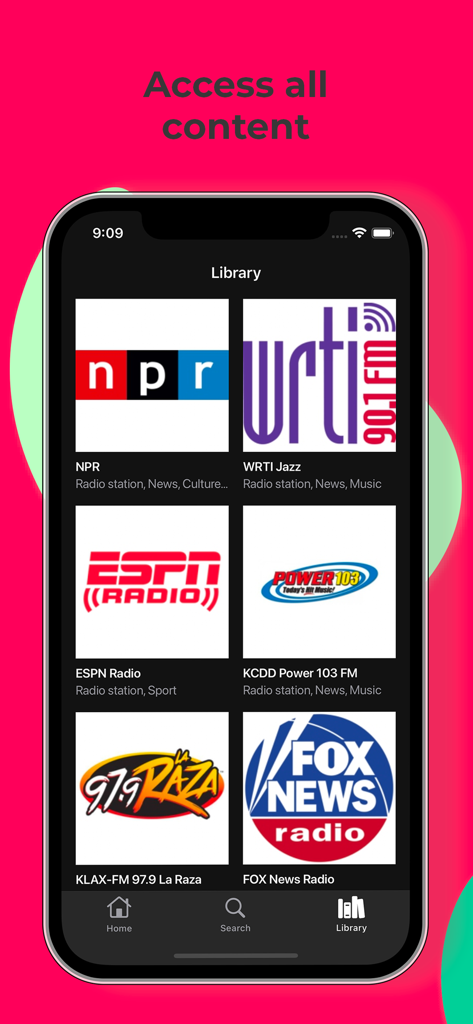 Radiolive · - Libreria dell'app Radiolive che mostra varie stazioni radio come NPR ed ESPN