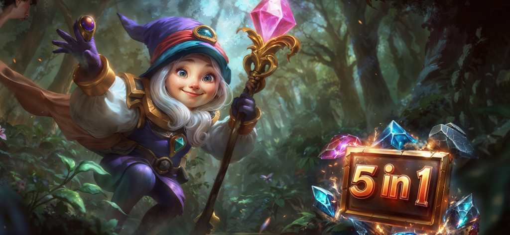 A magical princess mage in a blue hat holding a crystal staff in a whimsical forest with a 5 in 1 badge