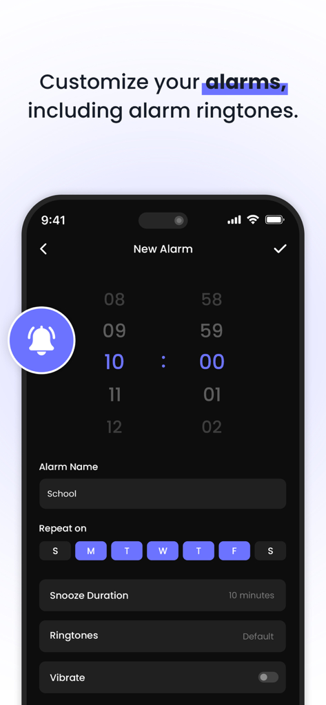 Clock : Alarm Clock & Timer - Interface of the Clock app showing the new alarm creation screen with time picker and daily repeat options