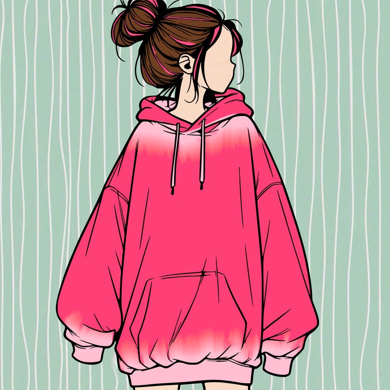 realistic girl with a oversized sweatshirt on and a bun