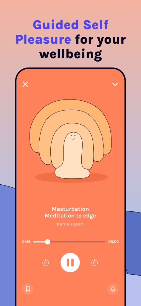 Kama: Intimacy & Connection - Screenshot of the Kama app showing a guided self-pleasure meditation session with a minimalist illustration.
