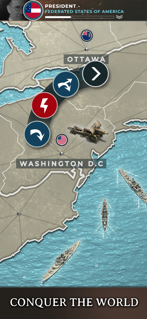 Supremacy 1914 - World War 1 - Supremacy 1914 gameplay showing a strategic map of North America with artillery and naval units