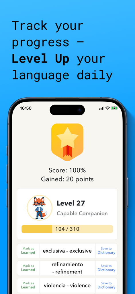 Lingo Books: Spanish Learning - Lingo Books app screenshot showing language learning progress tracking and level up screen