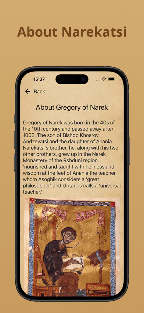 Biography page of Saint Gregory of Narek on a mobile app featuring historical text and a traditional illustration