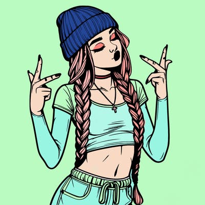 realistic teenage girl with braids and a beanie and crop top doing 🫶🏼