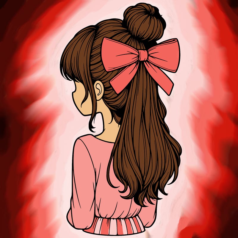 realistic girl  with hip length hair a bun and a big bow on the back of head