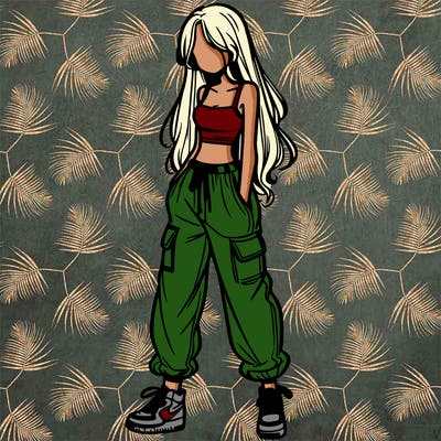 girl in baggy pants crop top and long hair