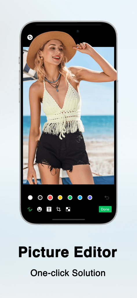 Eine mobile Oberfläche für den iLoveIMG Bildbearbeiter, die Ein-Klick-Bearbeitungswerkzeuge für ein Strandfoto zeigt.