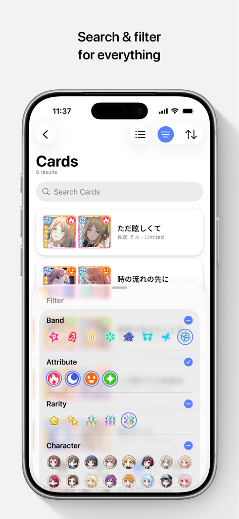 Greatdori! - Interfaz de búsqueda y filtro de cartas de BanG Dream en la aplicación Greatdori