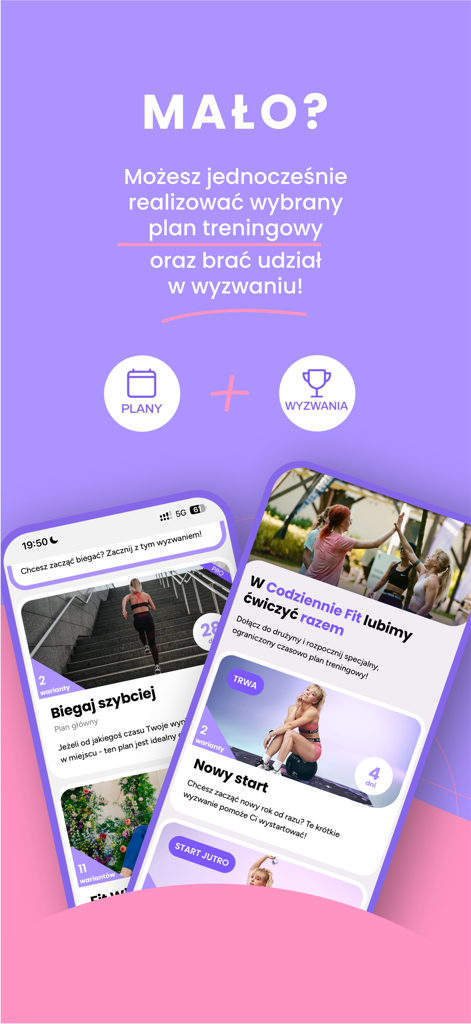 Codziennie Fit - Two mobile screens of the Codziennie Fit app displaying fitness training plans and workout challenges on a purple background.