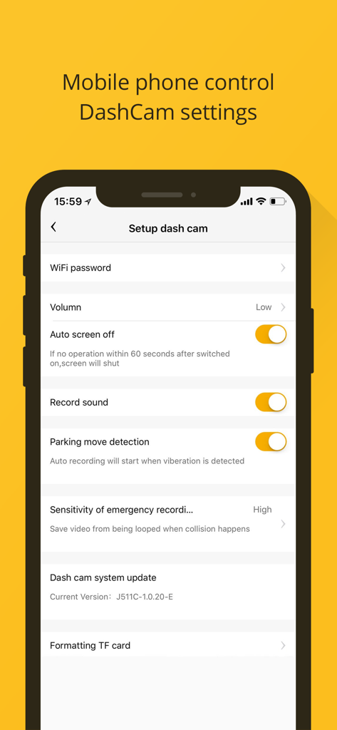 Mobile phone screen showing the 360 Dash Cam setup menu with settings for WiFi recording and parking detection