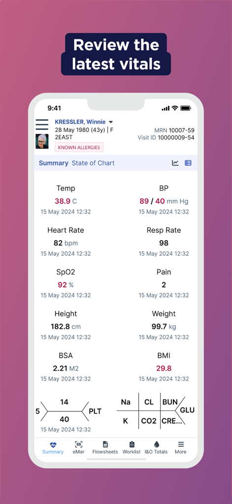 Sunrise Mobile app displaying patient vital signs and summary
