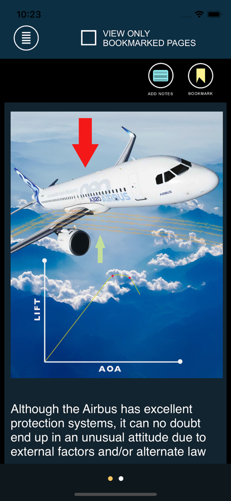Airbus A320 Command Prep app screen showing a lift vs angle of attack graph and pilot study notes.