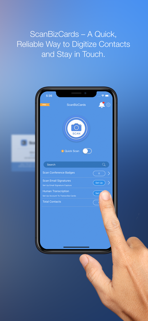 ScanBizCards - ScanBizCards mobile app interface showing options to scan business cards, conference badges, and human transcription.