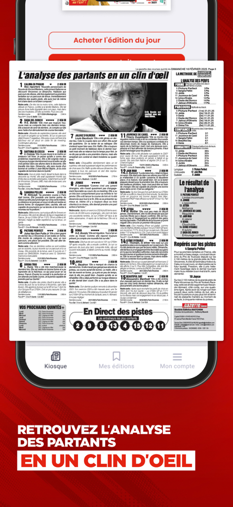 Mobile app screen showing a digital newspaper layout with horse racing analysis and expert betting tips.