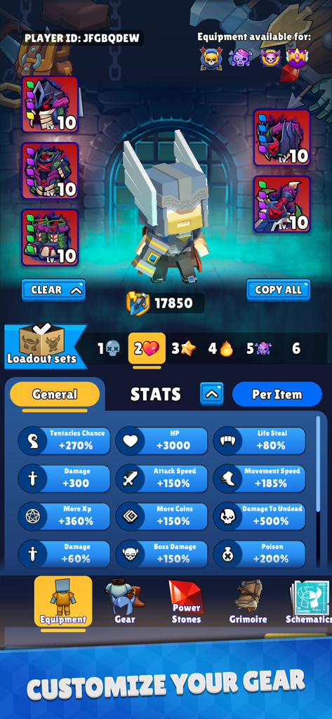 Hunt Royale: Action RPG Battle - Character equipment and stats menu showing gear customization in Hunt Royale