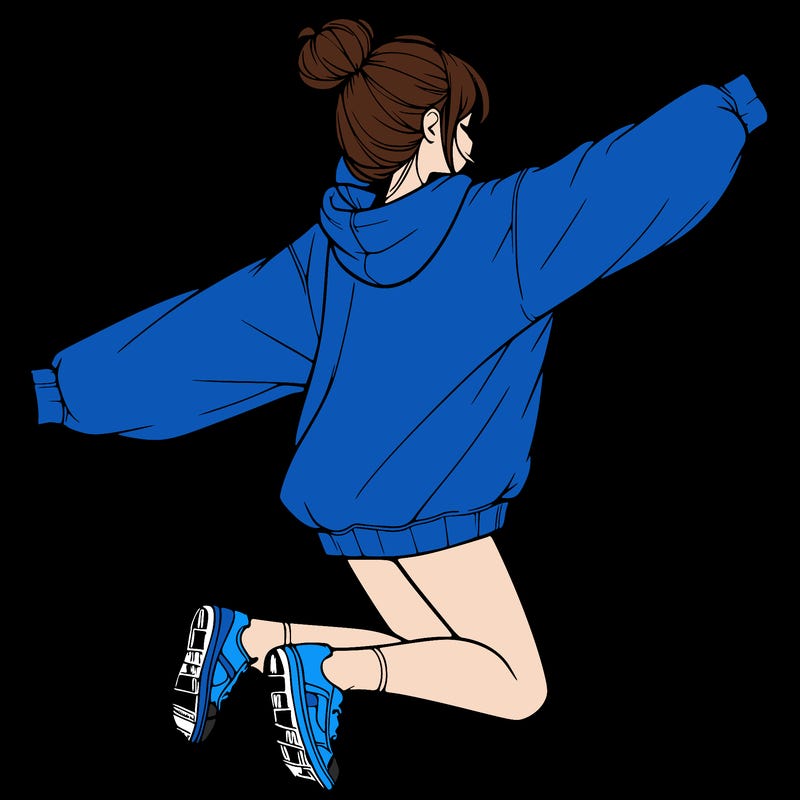 realistic girl jumping with a bun and oversized sweatshirt