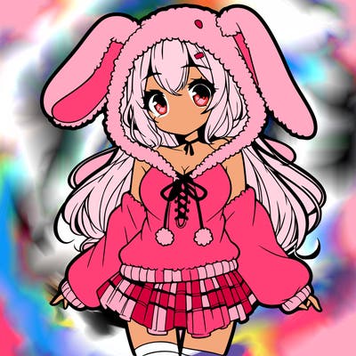 pretty anime girl wearing a fluffy hoodie with bunny ears on the hood and a skirt