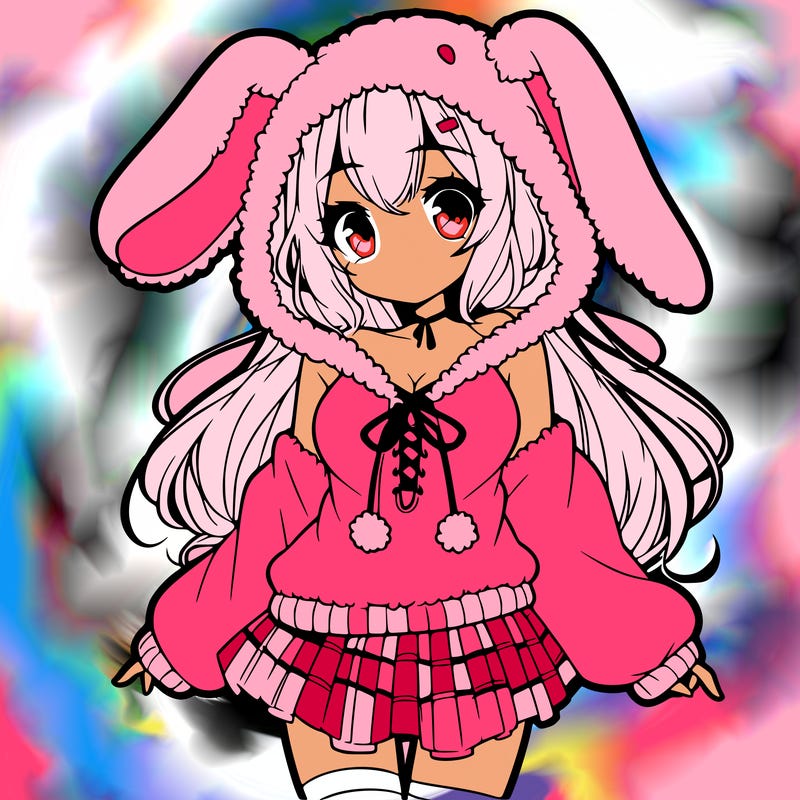 pretty anime girl wearing a fluffy hoodie with bunny ears on the hood and a skirt