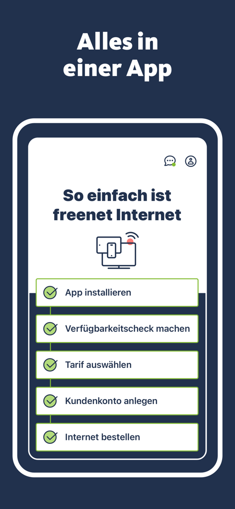 A mobile screen showing the five simple steps to set up freenet internet including app installation, availability check, plan selection, account creation, and ordering.
