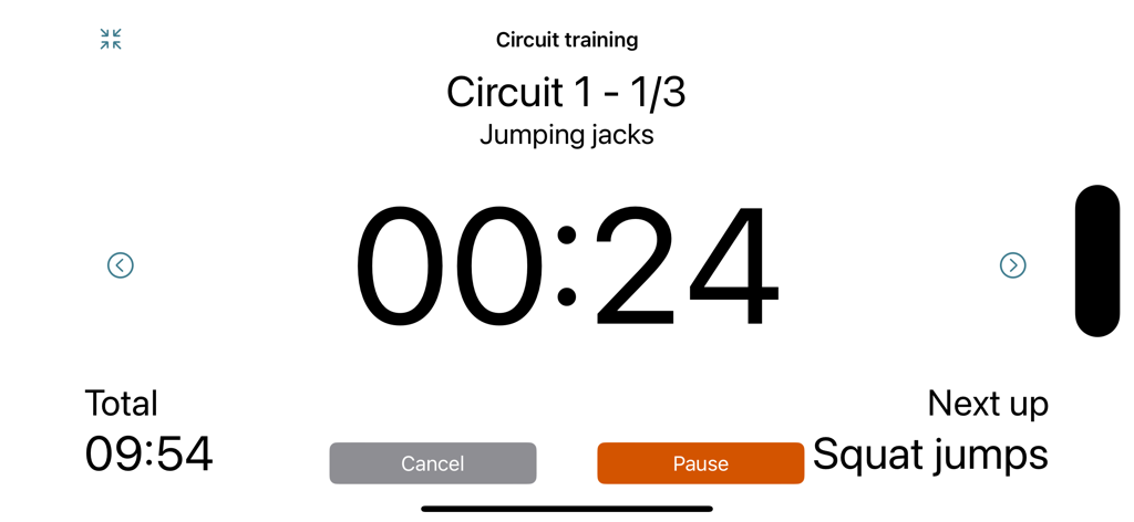 Next Up Pro - Interval Timer - Landscape view of Next Up Pro interval timer showing jumping jacks circuit.