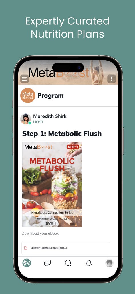 Interface do plano de nutrição MetaBoost do aplicativo Svelte mostrando o ebook Passo 1: Flush Metabólico.