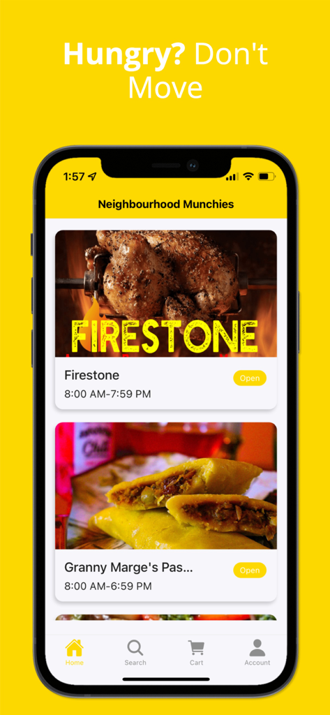 Neighbourhood Munchies - Neighbourhood Munchies app home screen on an iPhone showing local restaurant listings and food options