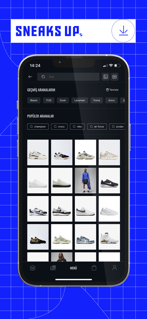 Interface de recherche de l'application Sneaks Up montrant les marques de baskets populaires et une grille de chaussures haut de gamme