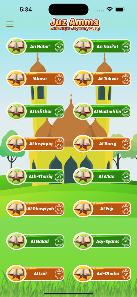 Hafalan Juz Amma Lengkap - Mobile app interface displaying a list of Quran chapters from Juz Amma with a mosque illustration background.