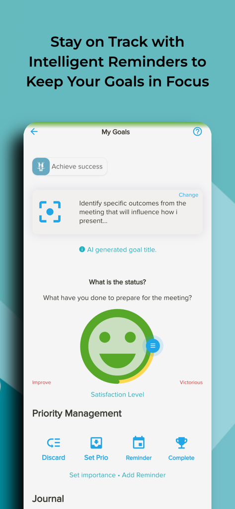 Mobile App-Oberfläche für Zielverfolgung und Prioritätsmanagement in My AI Coach Rocky
