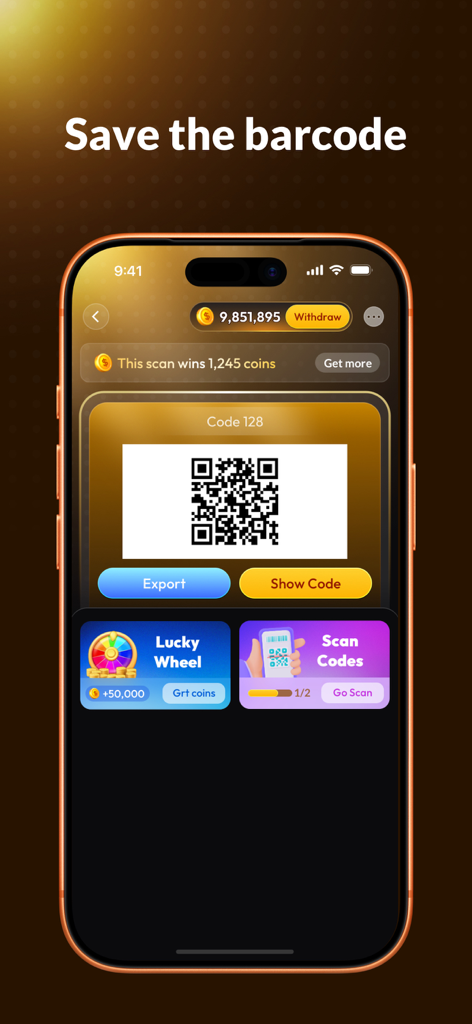 ScanGlow - Barcode Scanner - A screenshot of the ScanGlow app showing a saved QR code interface with earned coin rewards and a lucky wheel feature.