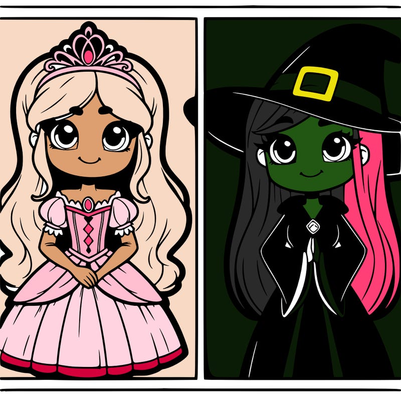 detailed split of a princess and a witch