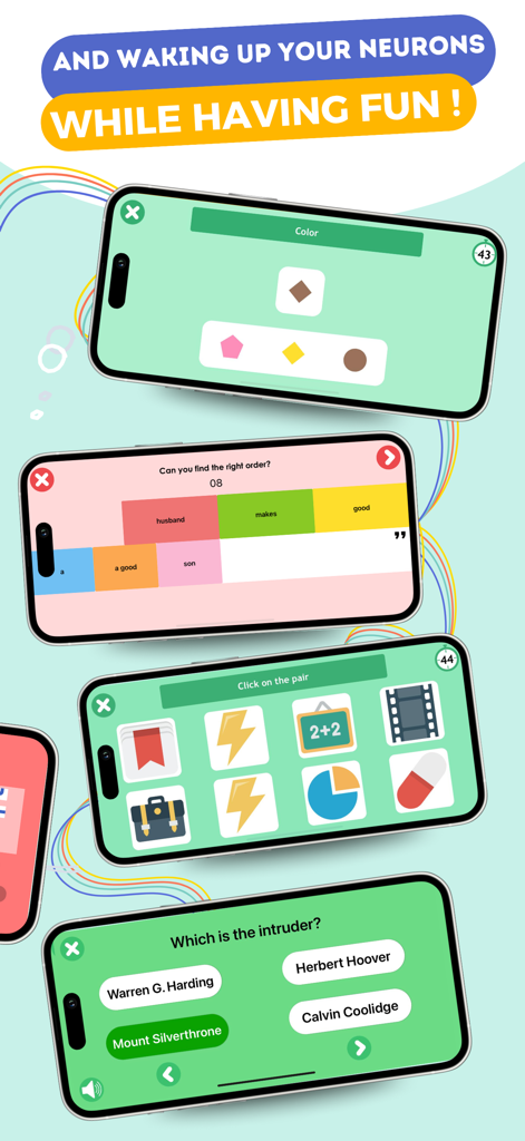 CLINT, your brain coach - Multiple iPhones showing various brain training games including matching exercises and word puzzles from the CLINT app.