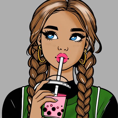realistic girl with braided hair drinking boba