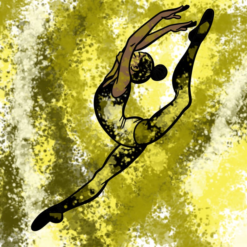 gymnast doing a leap in a leotard with a bent back leg