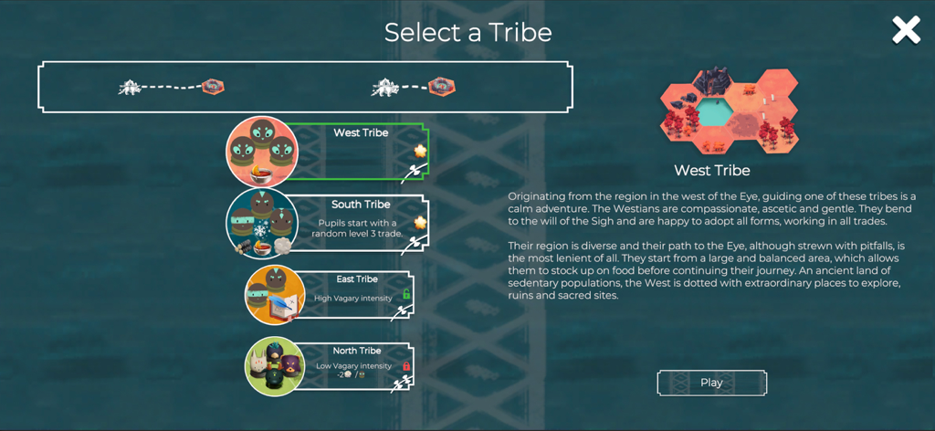 As Far As The Eye - Der Stammesauswahl-Bildschirm im Spiel As Far As The Eye mit der Beschreibung des Weststamms und einer Vorschau der sechseckigen Karte.