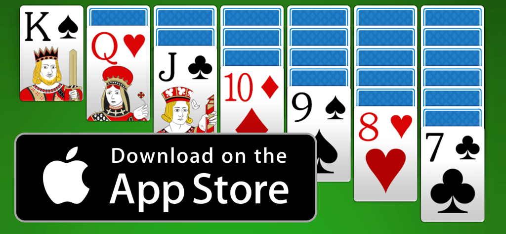 Gameplay classique du Solitaire Klondike avec de grandes cartes et un bouton de téléchargement de l'Apple App Store