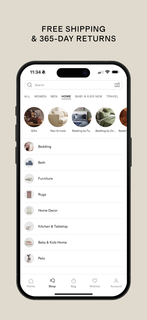 Quince - Quince app interface showing home decor shopping categories like bedding bath furniture and rugs