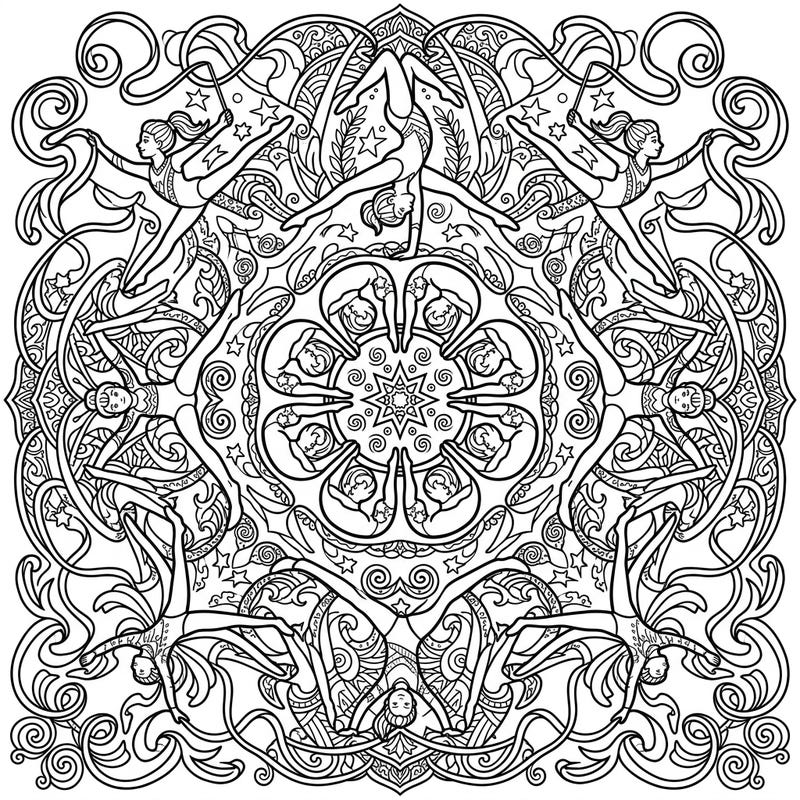Celebrate the strength and artistry of youth gymnastics with this captivating mandala coloring page. Young athletes perform dynamic poses within a beautifully symmetrical design, offering a unique blend of sport and intricate art.