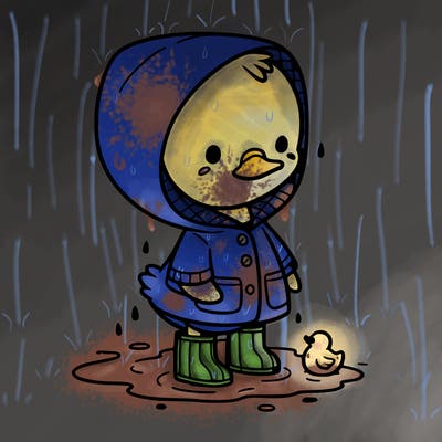 baby duck in a rain coat and boots, in a puddle while it’s raining