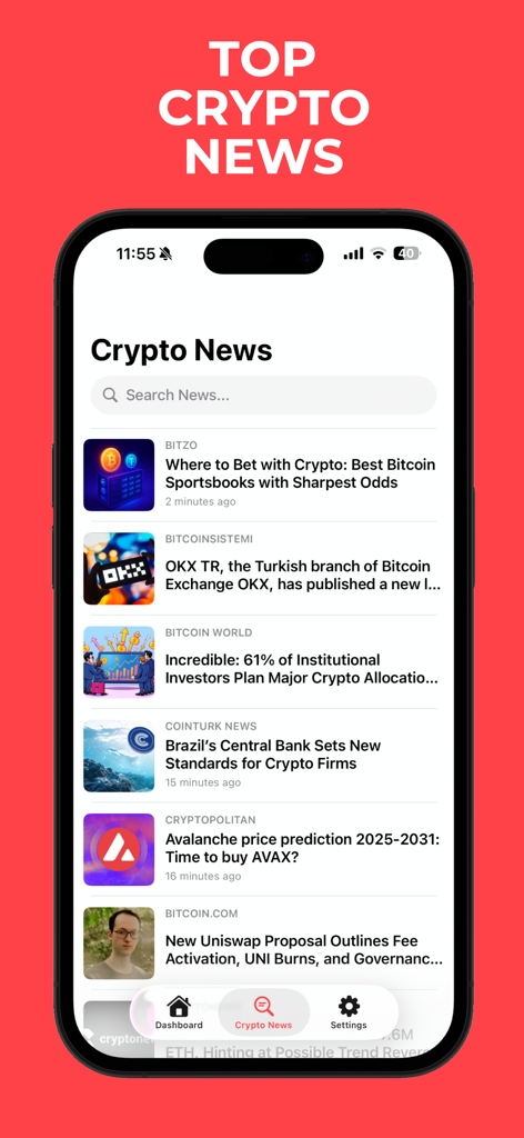 AI Crypto Scanner - CoinLens - Feed de notícias do aplicativo AI Crypto Scanner exibindo as últimas notícias e artigos do mercado de criptomoedas
