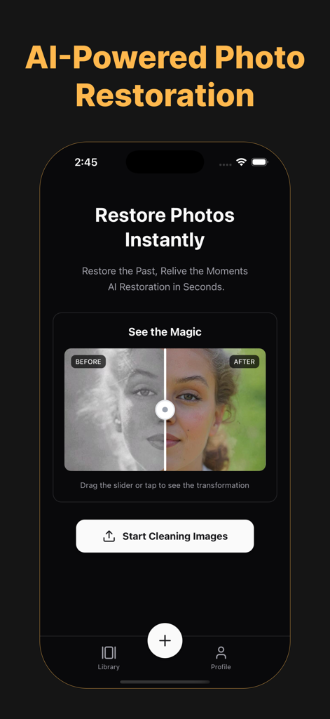 Old photo restore repair : - App interface showing a before and after comparison of an AI restored and colorized old photo.