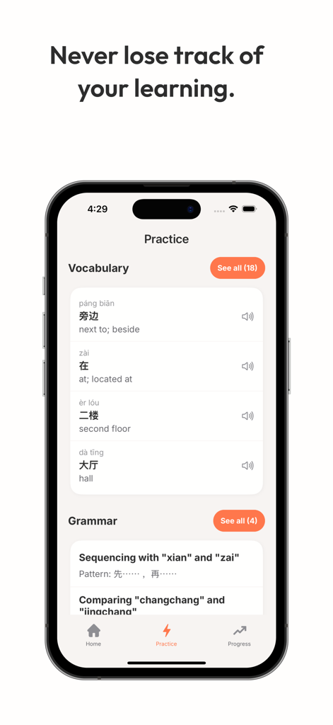 Jojo AI: Language Tutor - Jojo AI app interface showing a list of Chinese vocabulary and grammar lessons on the practice screen.