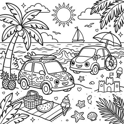 Hit the road and head to the beach with these charming electric cars enjoying a vibrant summer vacation. This delightful coloring page is packed with sunny scenes, sandy shores, and fun details just waiting for your creative colors.