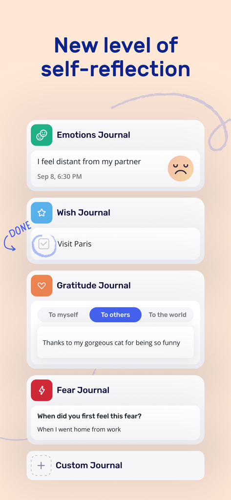 Interface of Thera AI Mental Health Journal showing different journal types including Emotions, Wish, Gratitude, and Fear journals