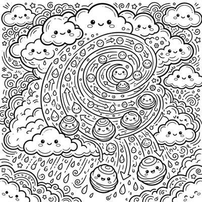 Delve into the fascinating world of meteorology with this adorable Kawaii coloring page illustrating hail formation. Watch as smiling clouds, raindrops, and round hailstones whirl through the atmosphere, ready for your artistic touch.